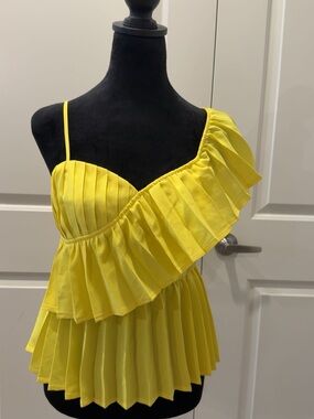 Jealous Tomato Yellow Pleated One-Shoulder Ruffle Top
